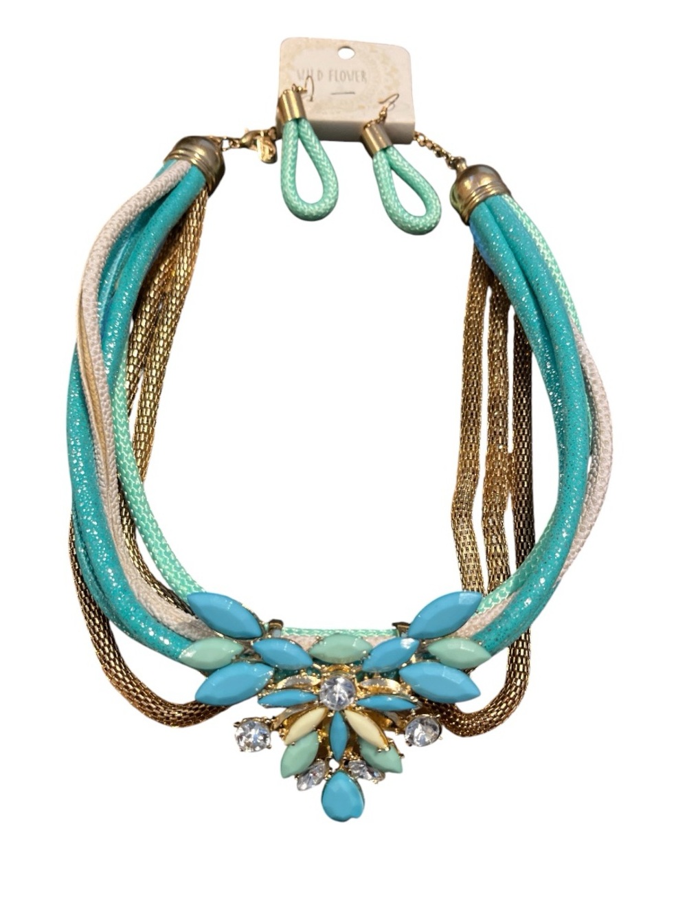 Wild Flower Turquoise Multistrand Jeweled Pendant Necklace And Earrings Set NWT
